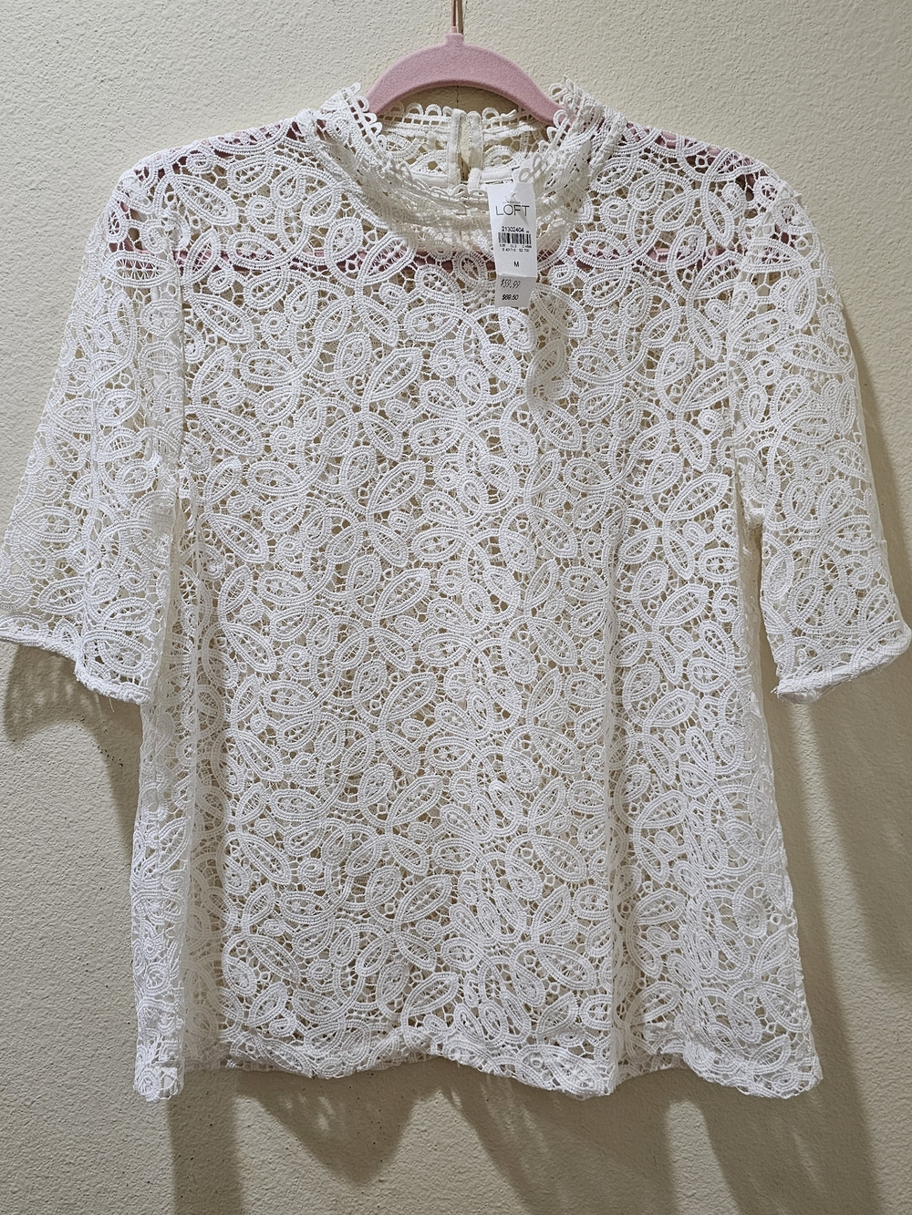 LOFT White Lace Short-Sleeve Mock Neck Top